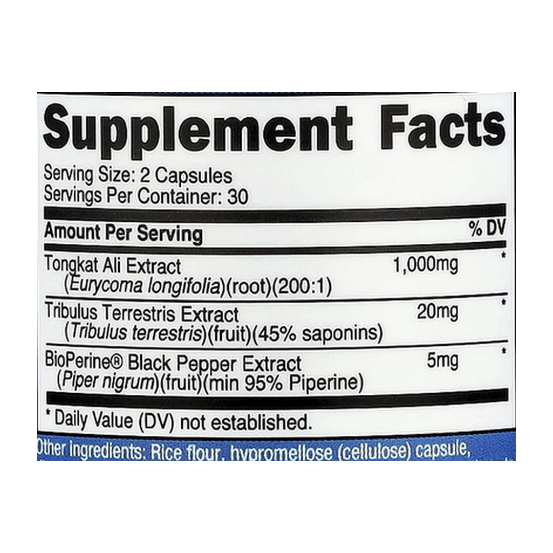 Nutricost, Tongkat Ali, 1,000mg, 60 Capsules supplement facts label showing ingredients, vitamins, minerals, and serving information