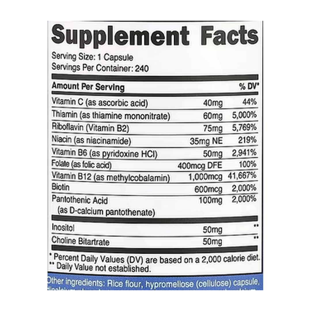 Nutricost, Vitamin B Complex, 462 mg, 240 Capsules supplement facts label showing ingredients, vitamins, minerals, and serving information