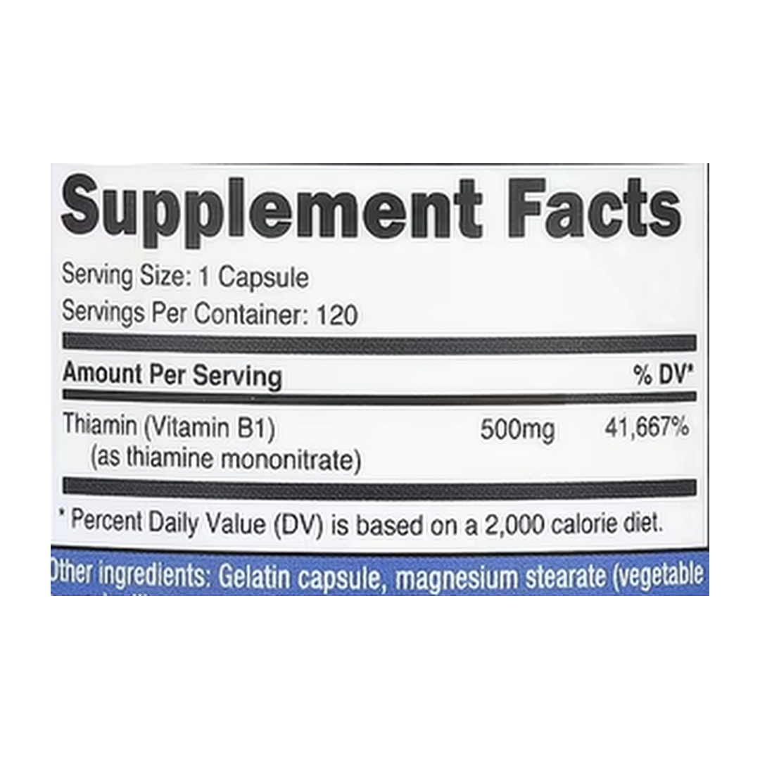 Nutricost, Vitamin B1, 500 mg, 120 Capsules supplement facts label showing ingredients, vitamins, minerals, and serving information