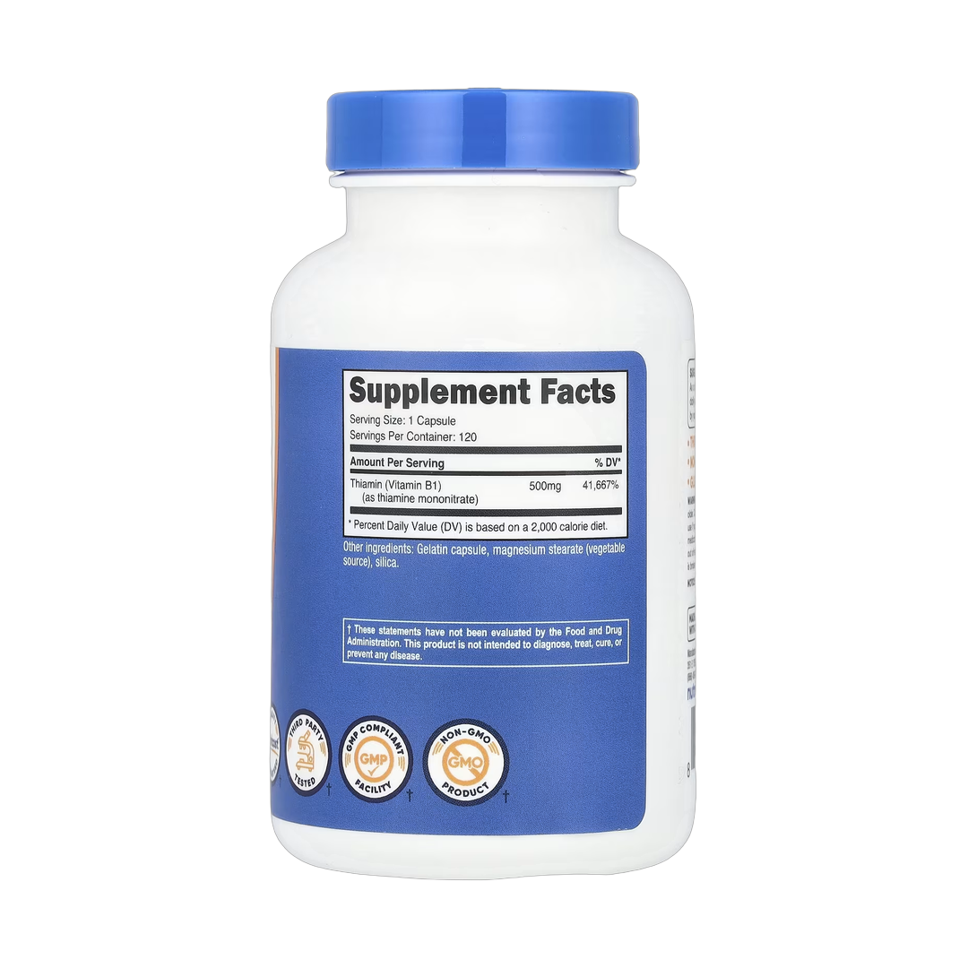 Nutricost, Vitamin B1, 500 mg, 120 Capsules back packaging view