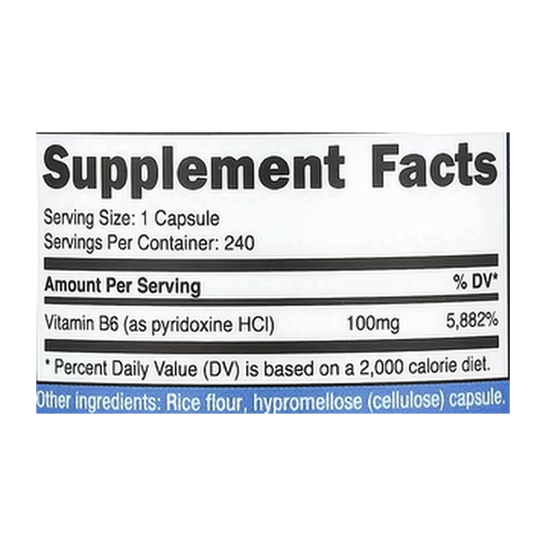 Nutricost, Vitamin B6, 100 mg, 240 Capsules supplement facts label showing ingredients, vitamins, minerals, and serving information