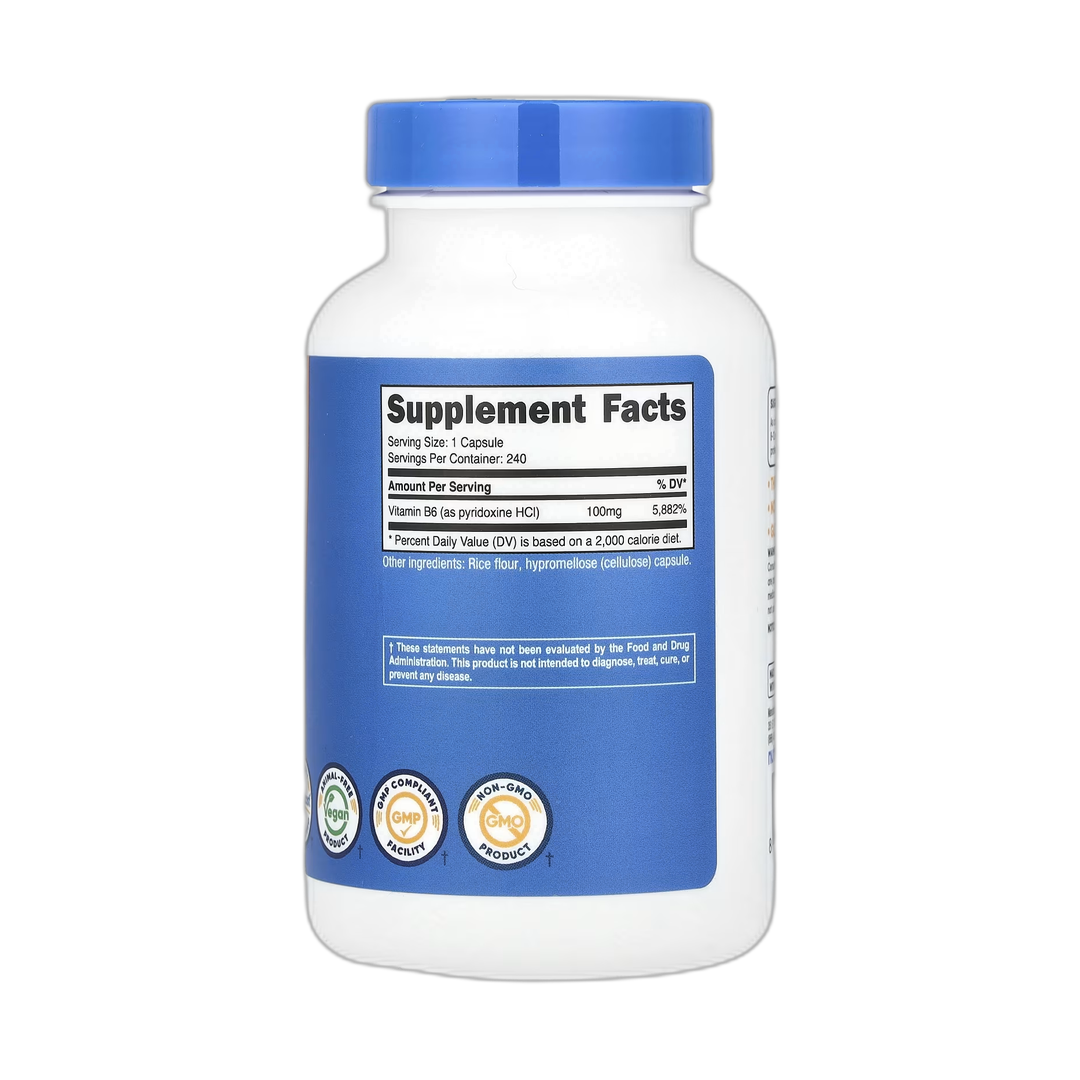Nutricost, Vitamin B6, 100 mg, 240 Capsules back packaging view