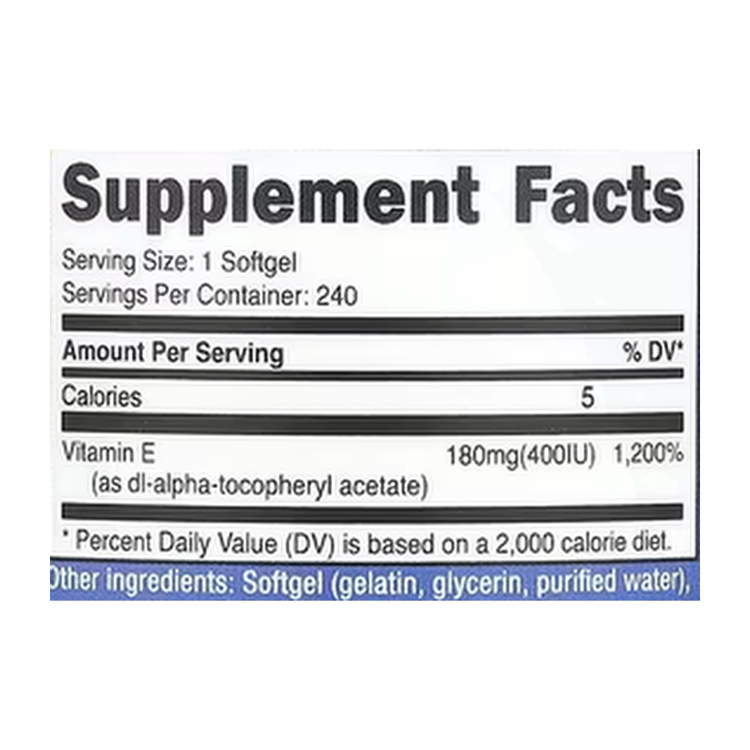 Nutricost, Vitamin E, 180 mg (400 IU), 240 Softgels supplement facts label showing ingredients, vitamins, minerals, and serving information