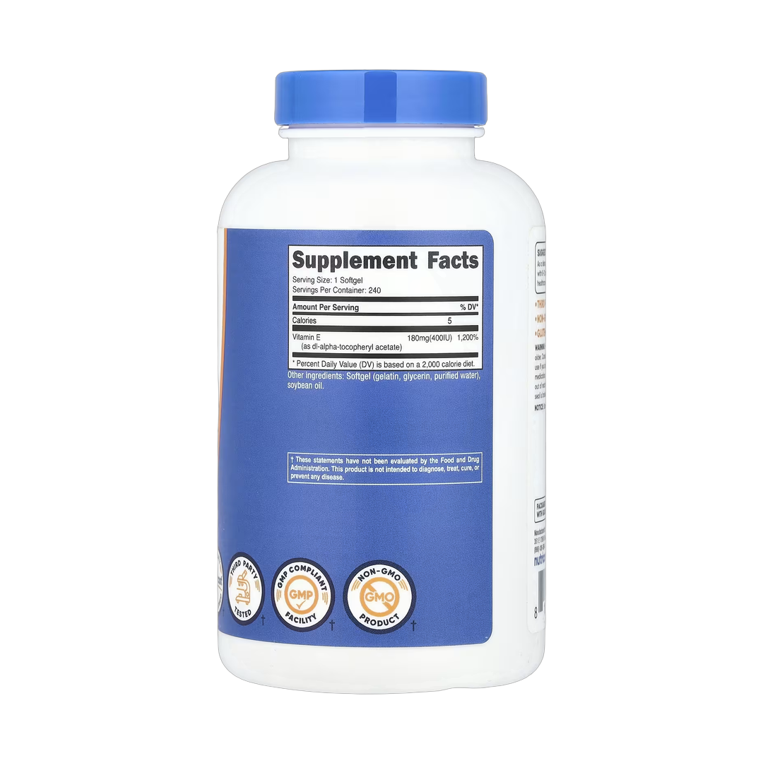 Nutricost, Vitamin E, 180 mg (400 IU), 240 Softgels back packaging view