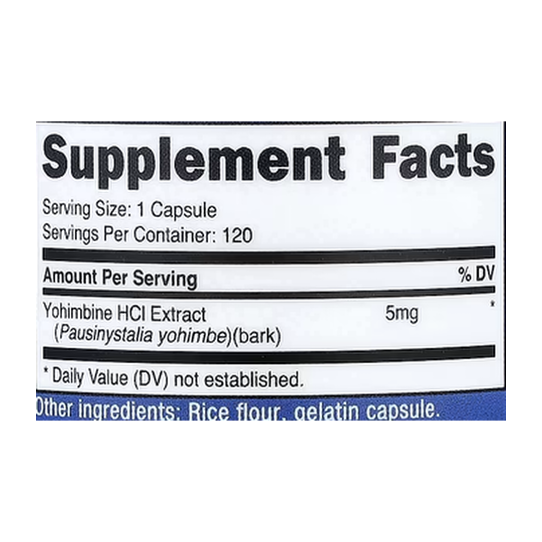 Nutricost, Yohimbine, 5 mg, 120 Capsules supplement facts label showing ingredients, vitamins, minerals, and serving information