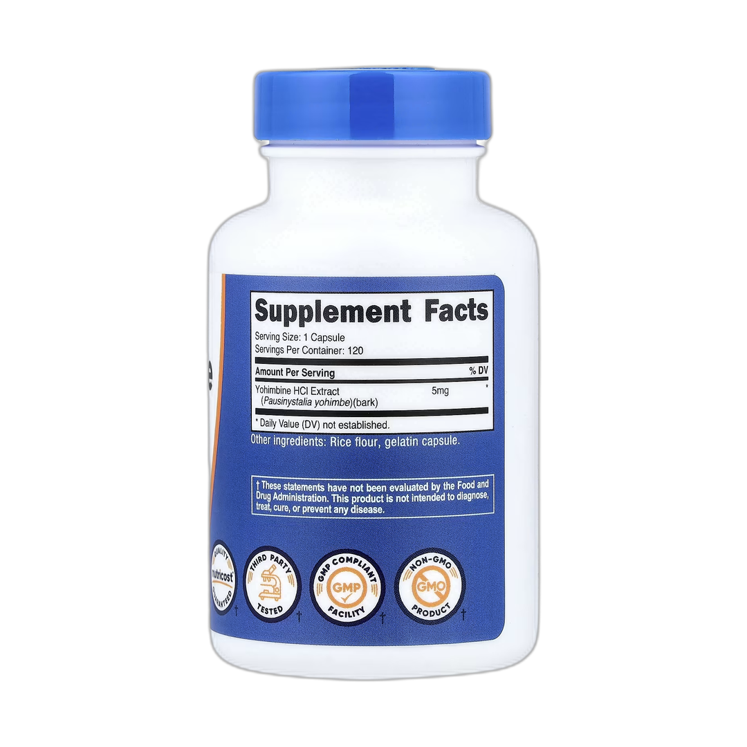 Nutricost, Yohimbine, 5 mg, 120 Capsules back packaging view