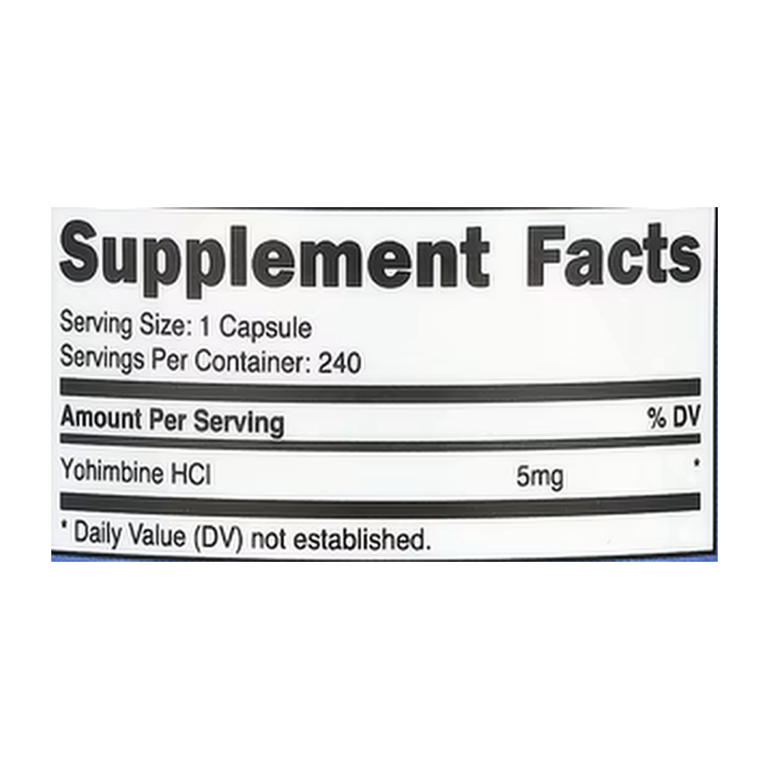 Nutricost, Yohimbine, 5 mg, 240 Capsules supplement facts label showing ingredients, vitamins, minerals, and serving information