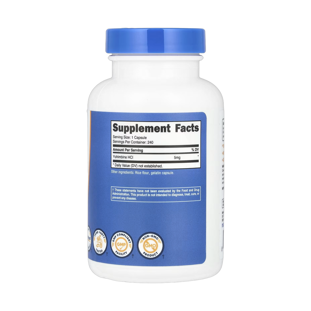 Nutricost, Yohimbine, 5 mg, 240 Capsules back packaging view