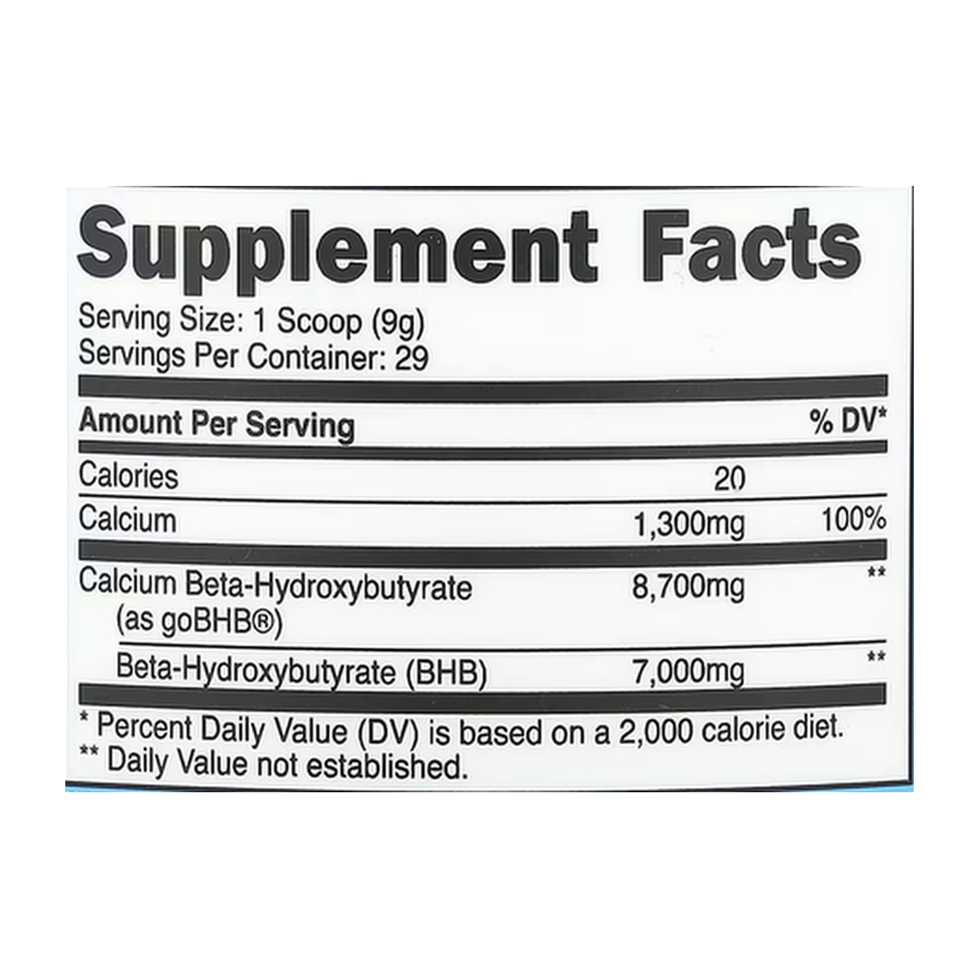 Nutricost, Calcium BHB, goBHB®, Unflavored, 8.9 oz, 250 g supplement facts label showing ingredients, vitamins, minerals, and serving information