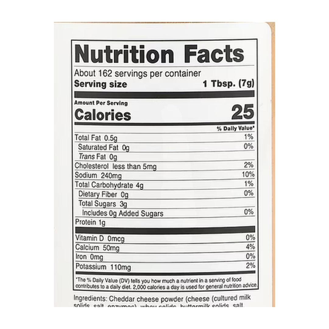Nutricost, Pantry, Yellow Cheddar Cheese Powder, 40.5 oz, 1,134 g supplement facts label showing ingredients, vitamins, minerals, and serving information