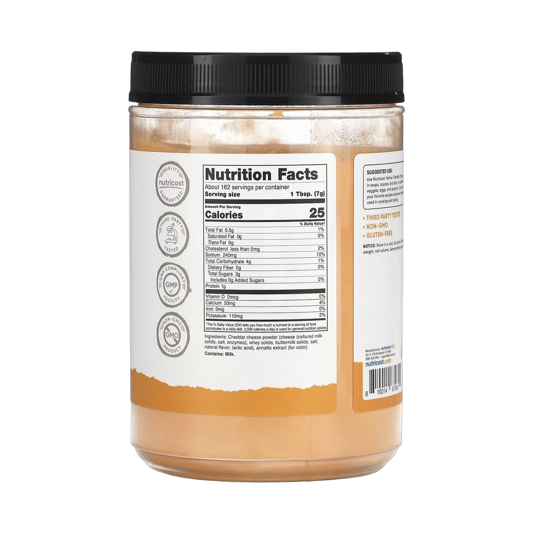 Nutricost, Pantry, Yellow Cheddar Cheese Powder, 40.5 oz, 1,134 g back packaging view