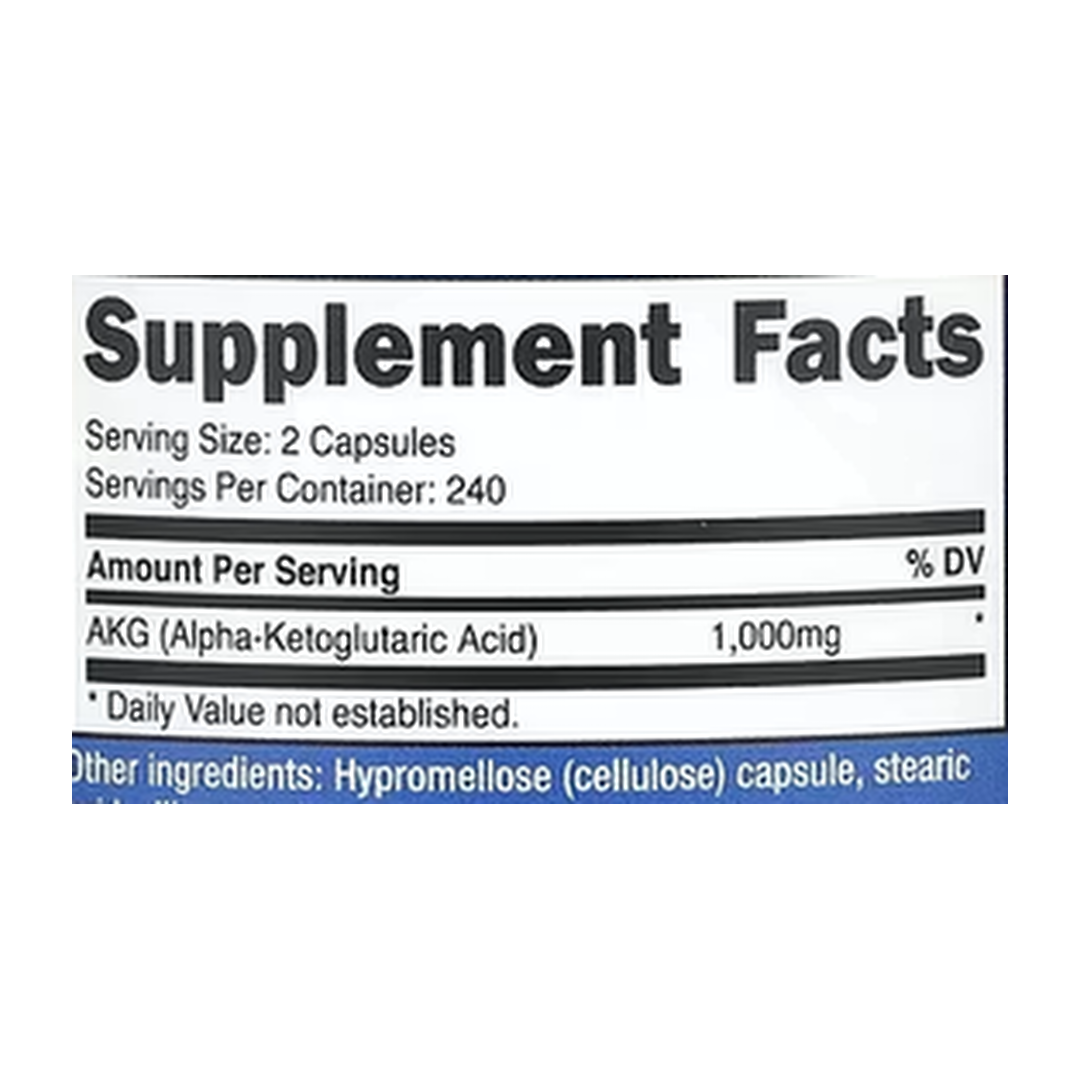 Nutricost, AKG (Alpha-Ketoglutaric Acid), 240 Capsules supplement facts label showing ingredients, vitamins, minerals, and serving information