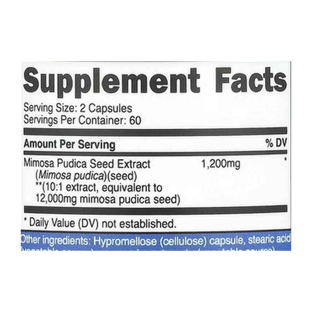 Nutricost, Mimosa Pudica Seed, 120 Capsules supplement facts label showing ingredients, vitamins, minerals, and serving information