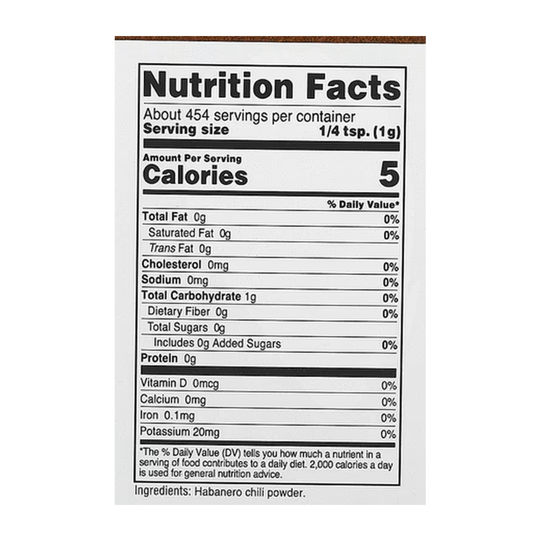 Nutricost, Pantry, Habanero Powder, 16.2 oz, 454 g supplement facts label showing ingredients, vitamins, minerals, and serving information