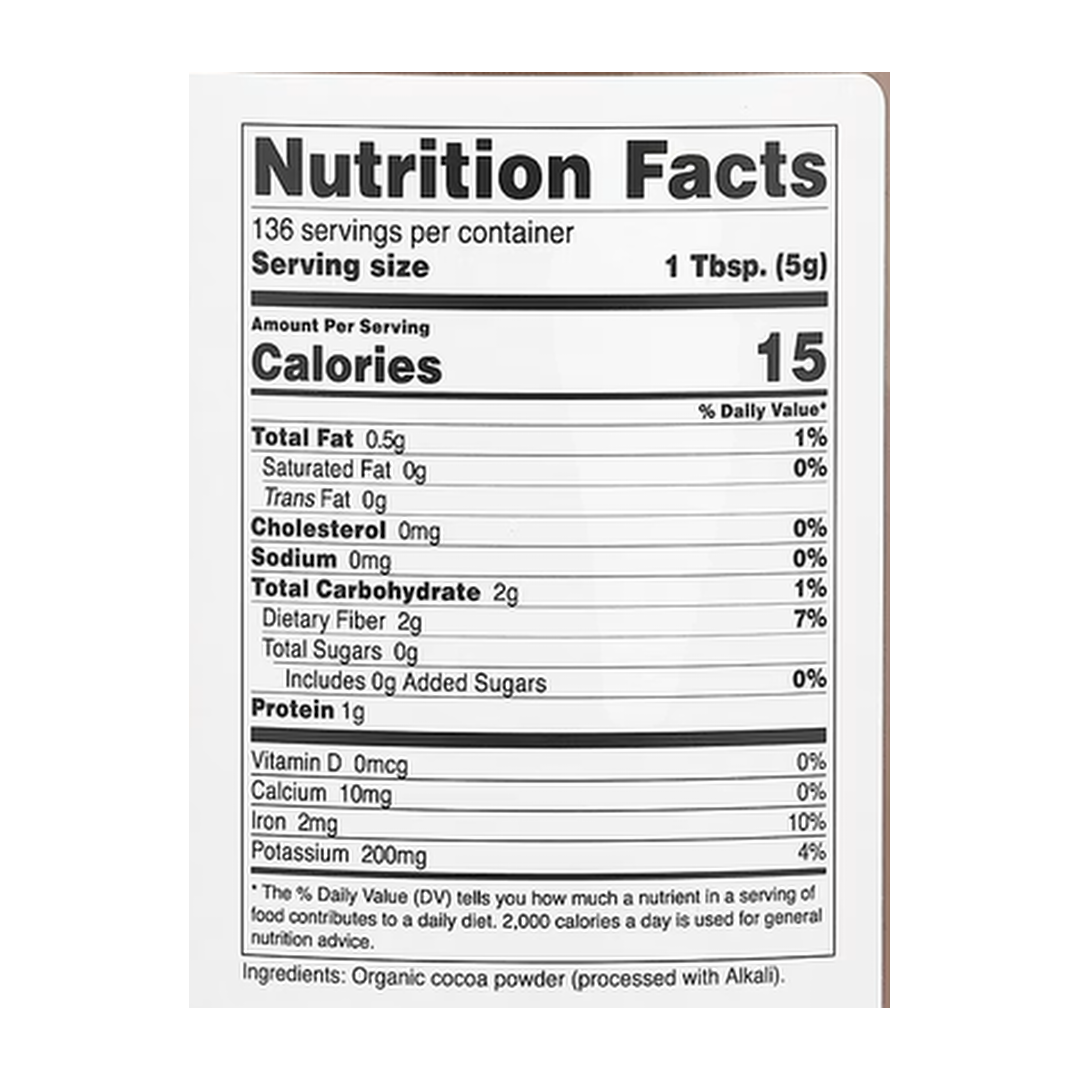 Nutricost, Pantry, Organic Cocoa Powder, Unsweetened, 24.3 oz, 680 g supplement facts label showing ingredients, vitamins, minerals, and serving information