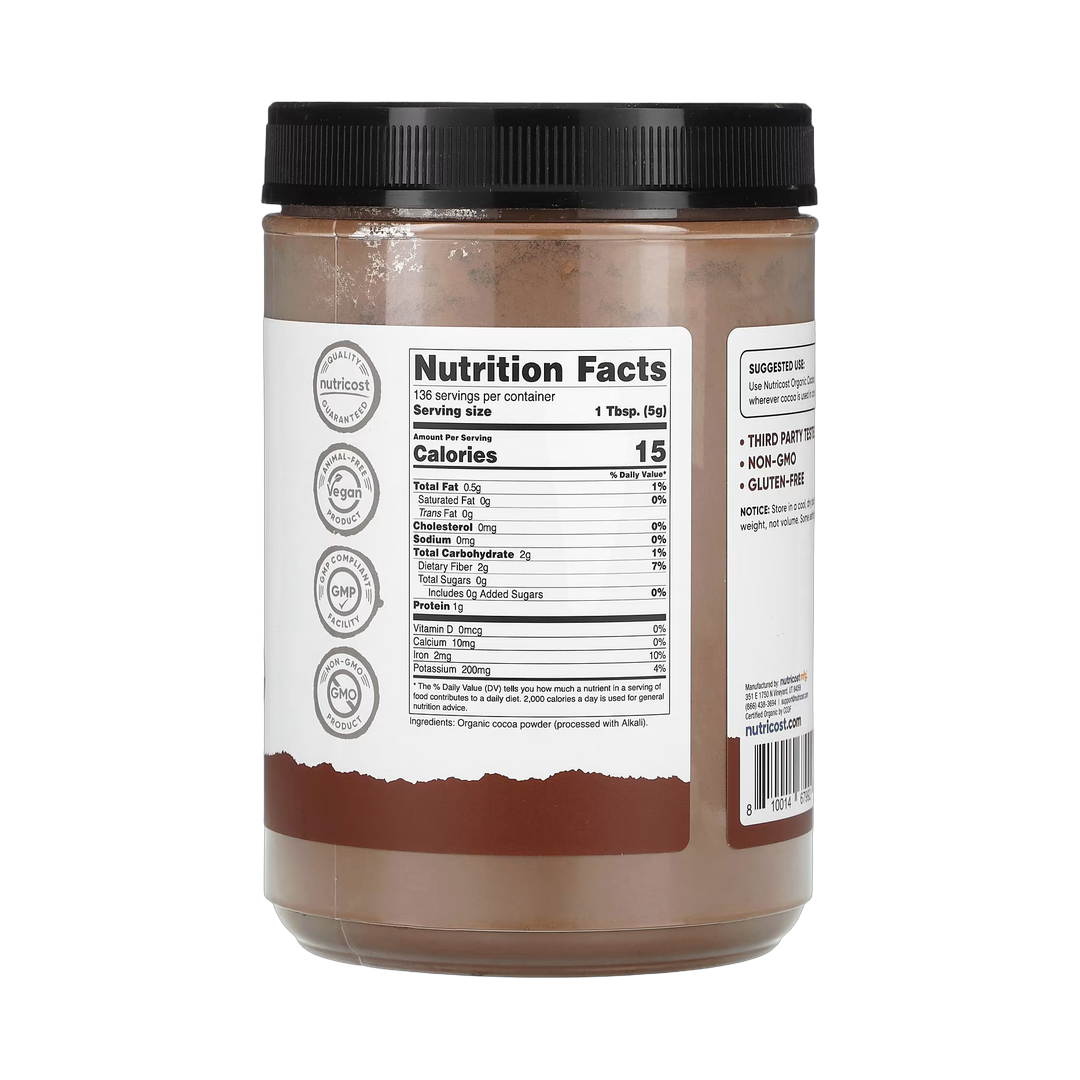 Nutricost, Pantry, Organic Cocoa Powder, Unsweetened, 24.3 oz, 680 g back packaging view