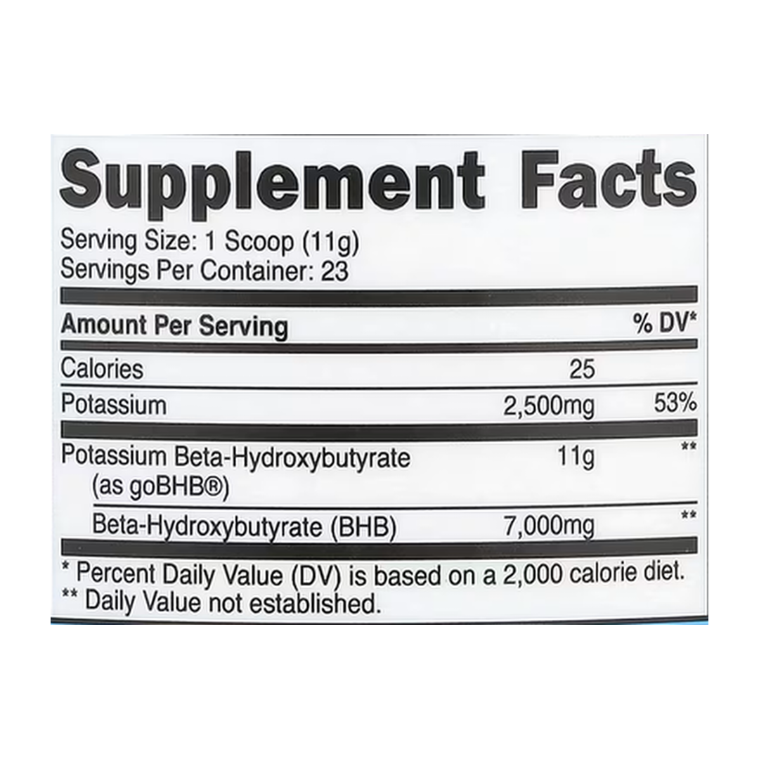 Nutricost, Potassium BHB, goBHB®, Unflavored, 8.9 oz, 250 g supplement facts label showing ingredients, vitamins, minerals, and serving information