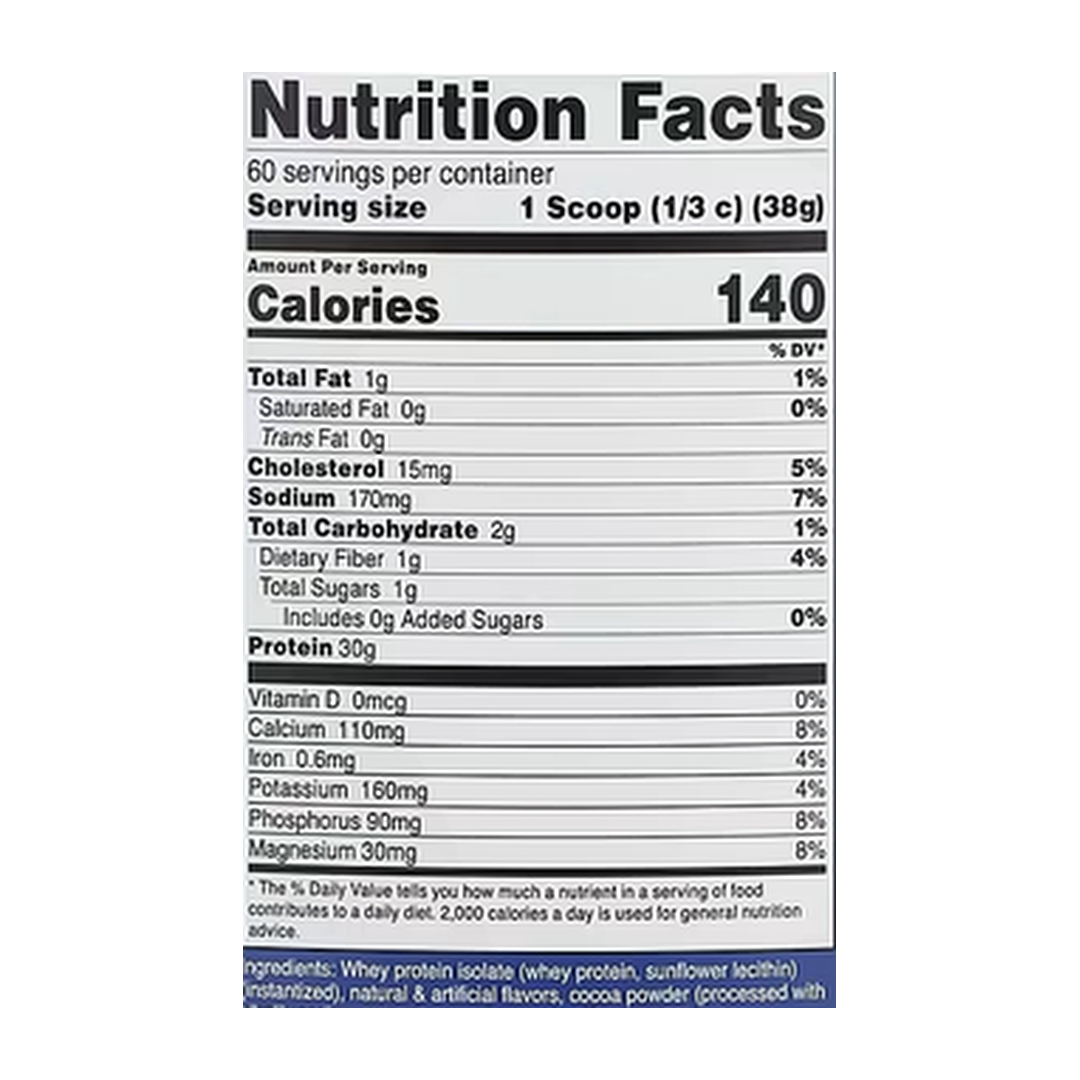 Nutricost, Whey Protein Isolate, Mocha, 5 lb, 2,268 g supplement facts label showing ingredients, vitamins, minerals, and serving information