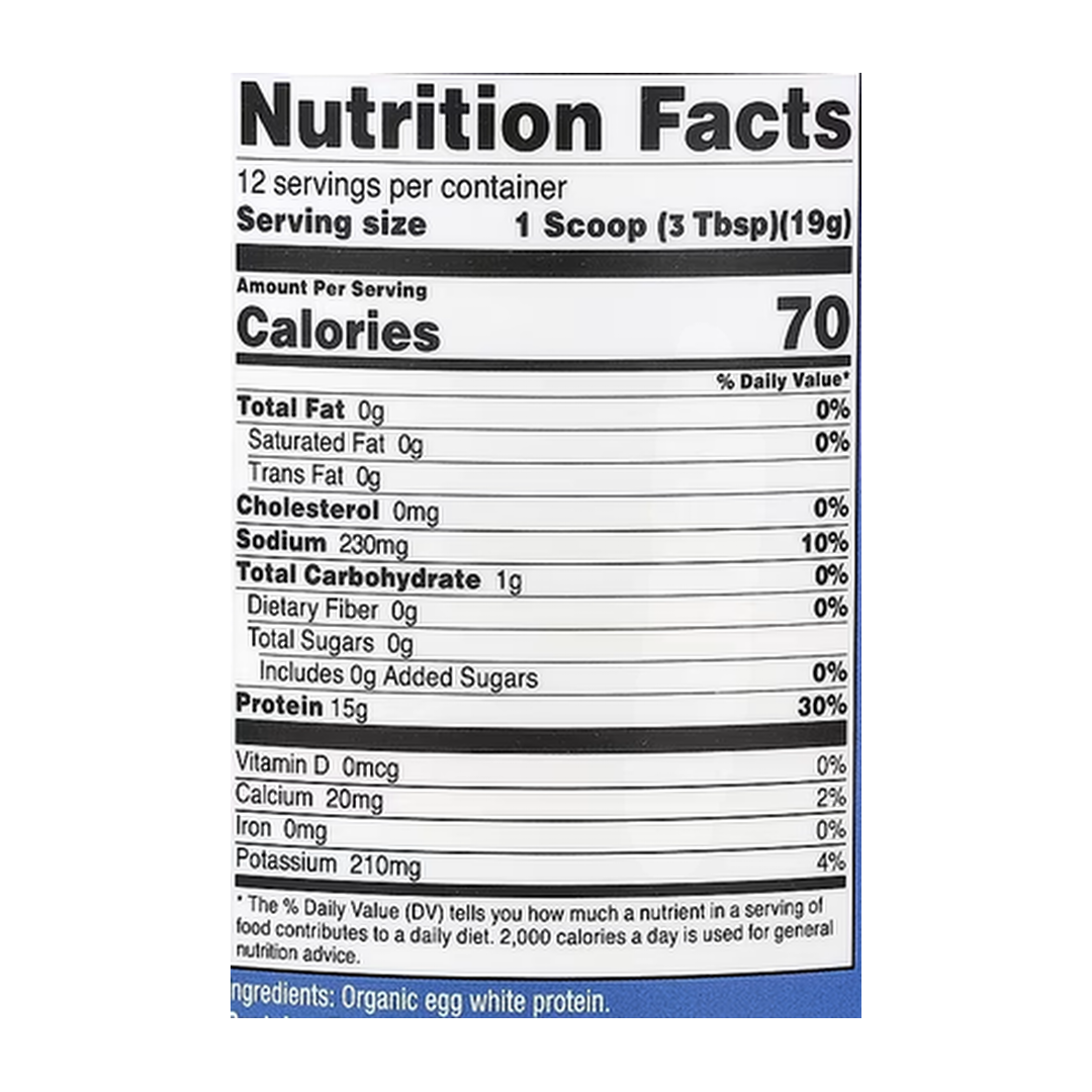 Nutricost, Organic Egg White Protein, Unflavored, 8.1 oz, 227 g supplement facts label showing ingredients, vitamins, minerals, and serving information