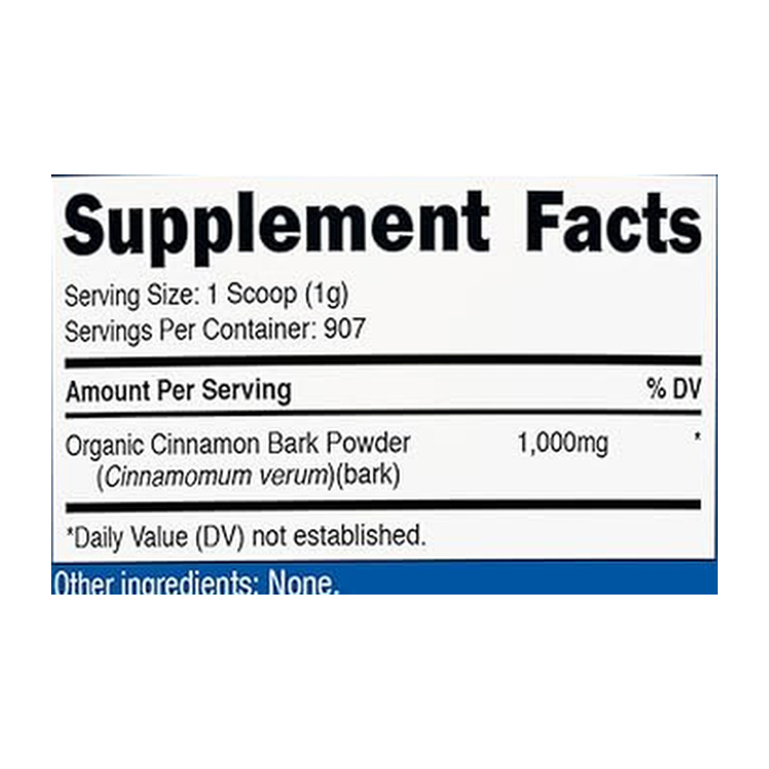 Nutricost, Organic Ceylon Cinnamon, 2 lb, 907 g supplement facts label showing ingredients, vitamins, minerals, and serving information