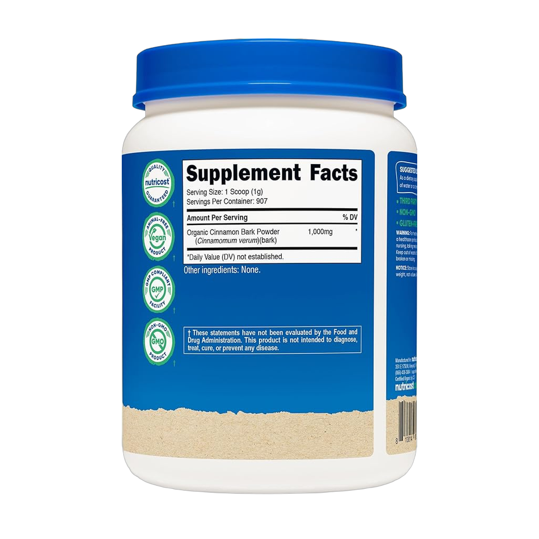Nutricost, Organic Ceylon Cinnamon, 2 lb, 907 g back packaging view