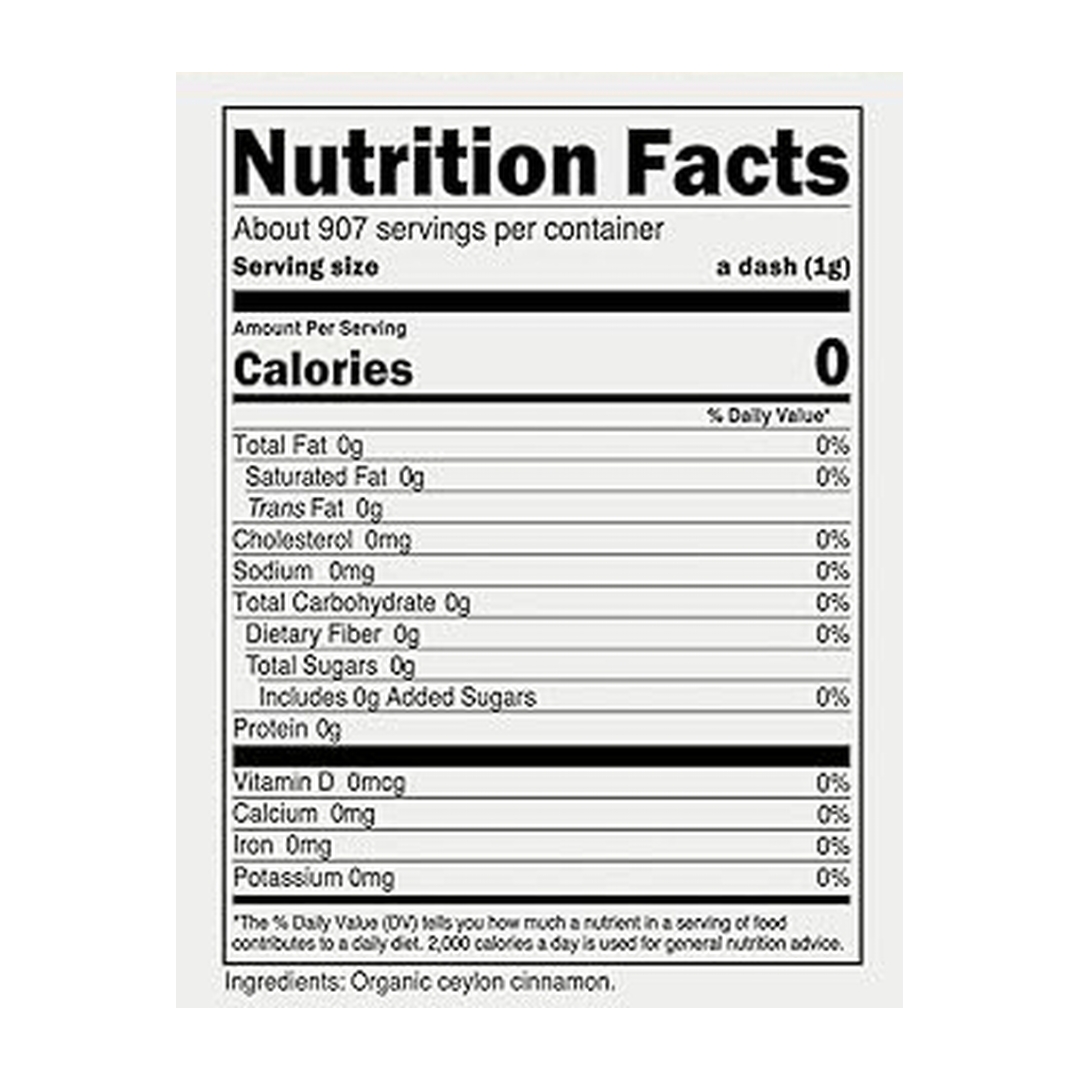 Nutricost, Pantry, Organic Ceylon Cinnamon, 2 lb, 907 g supplement facts label showing ingredients, vitamins, minerals, and serving information