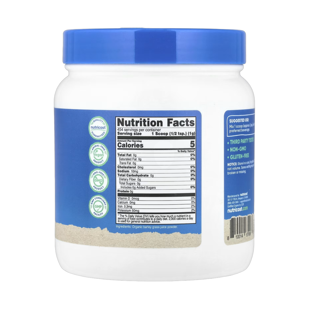 Nutricost, Organic Barley Grass Juice Powder, Unflavored, 16.2 oz, 454 g back packaging view