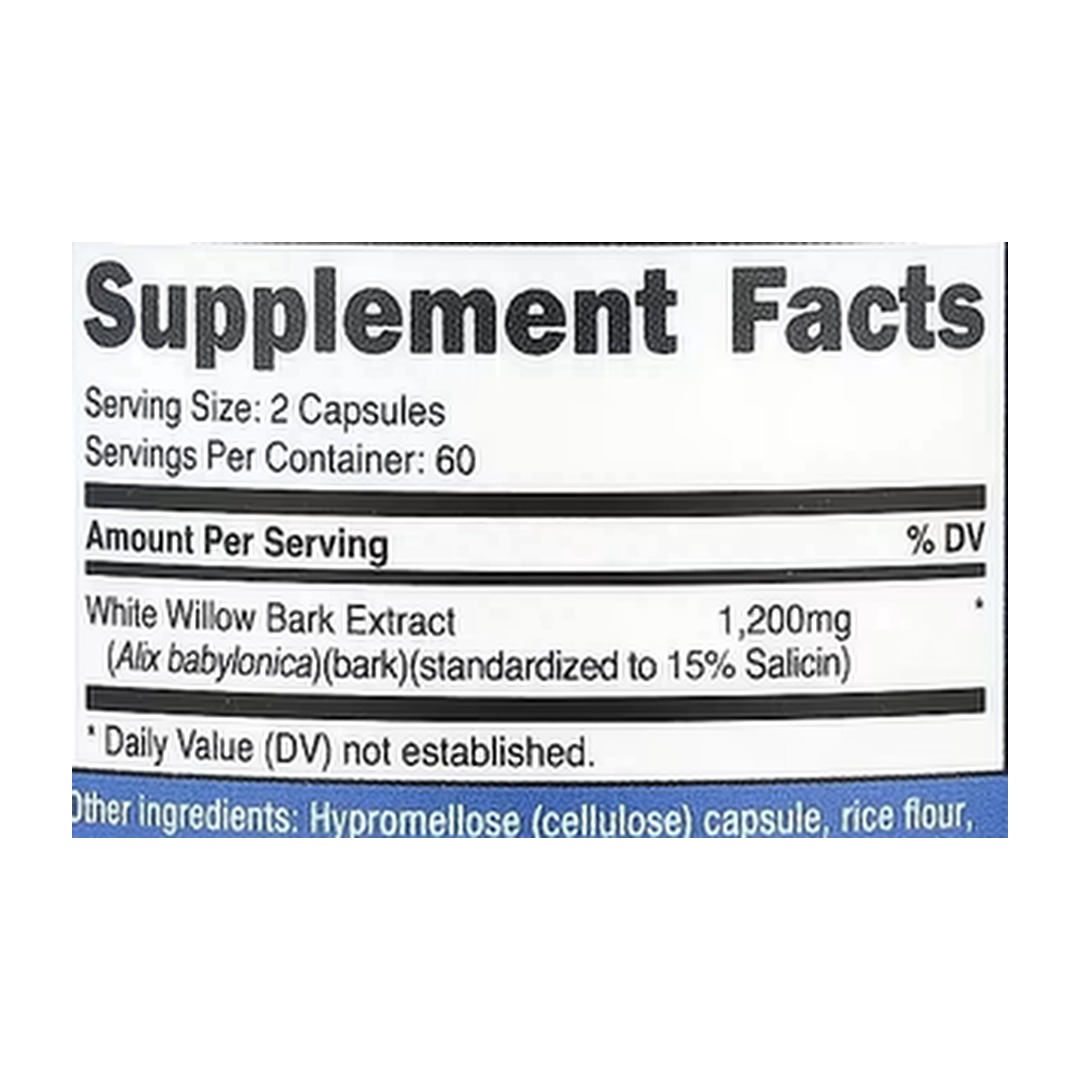 Nutricost, White Willow Bark, 120 Capsules supplement facts label showing ingredients, vitamins, minerals, and serving information