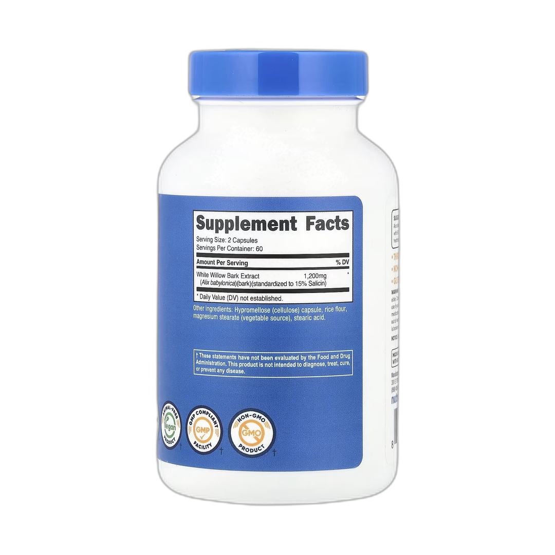 Nutricost, White Willow Bark, 120 Capsules back packaging view