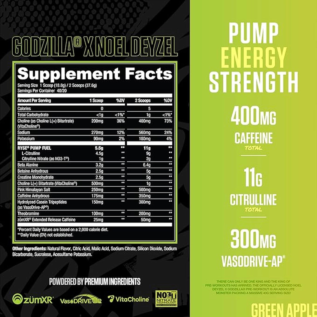 RYSE, Godzilla X Noel Deyzel Pre Workout Powder, Green Apple, 722 g