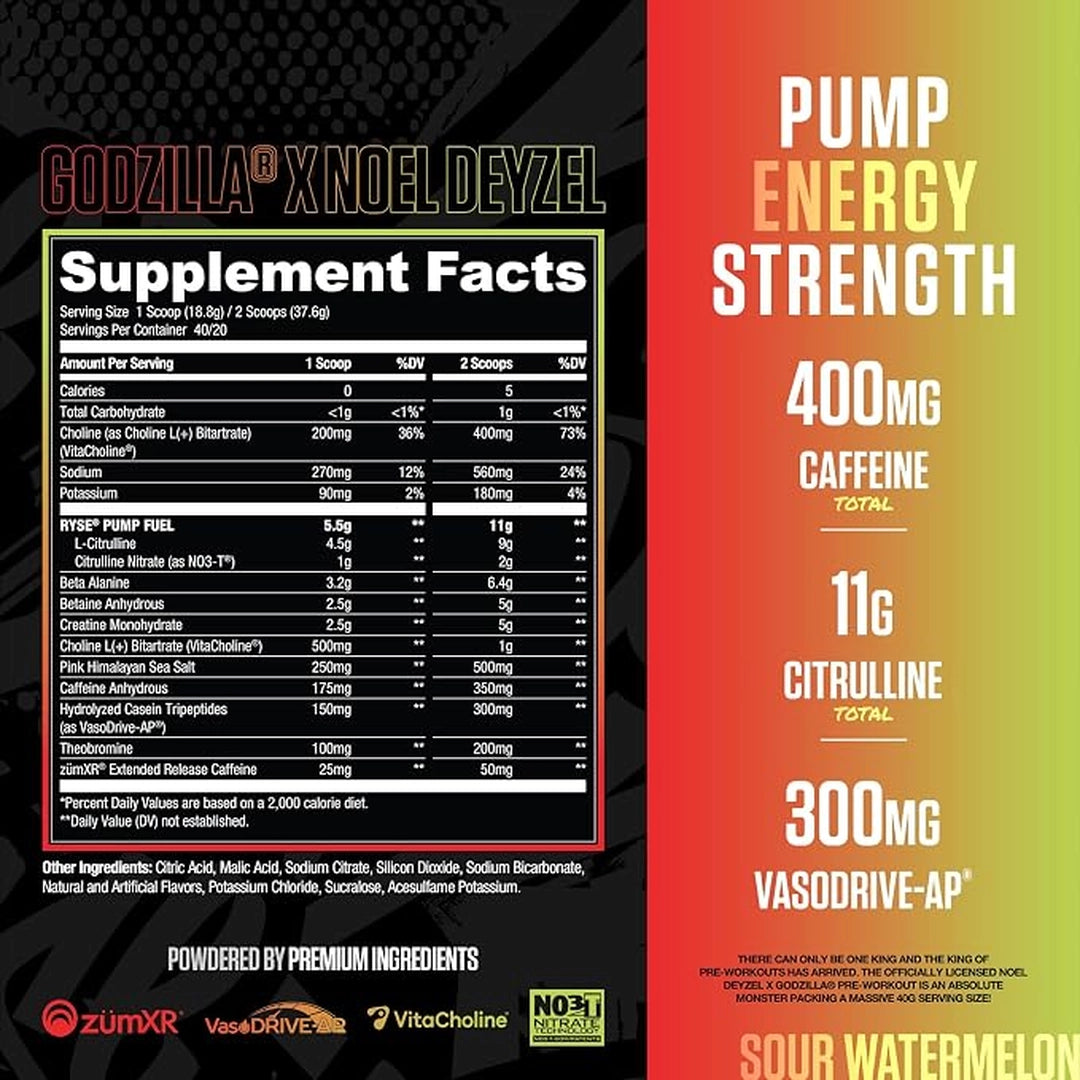 RYSE, Godzilla X Noel Deyzel Pre Workout Powder, Sour Watermelon, 752 g