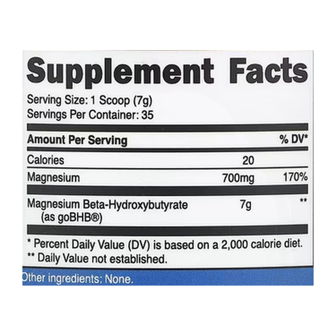 Nutricost, Magnesium BHB, goBHB®, Unflavored, 8.8 oz, 250 g supplement facts label showing ingredients, vitamins, minerals, and serving information