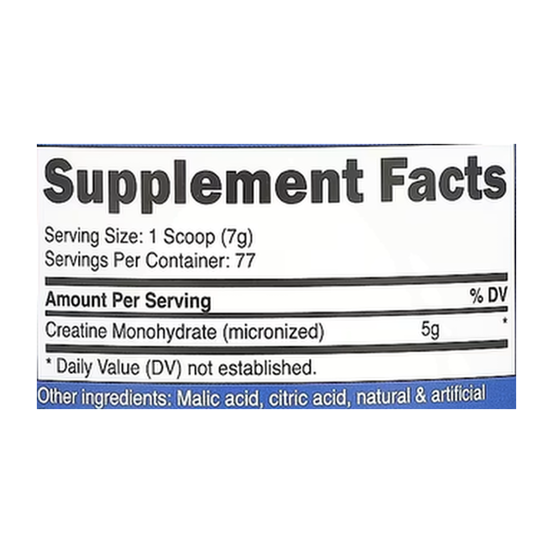Nutricost, Performance, Creatine Monohydrate, Watermelon, 1.1 lb, 500 g supplement facts label showing ingredients, vitamins, minerals, and serving information