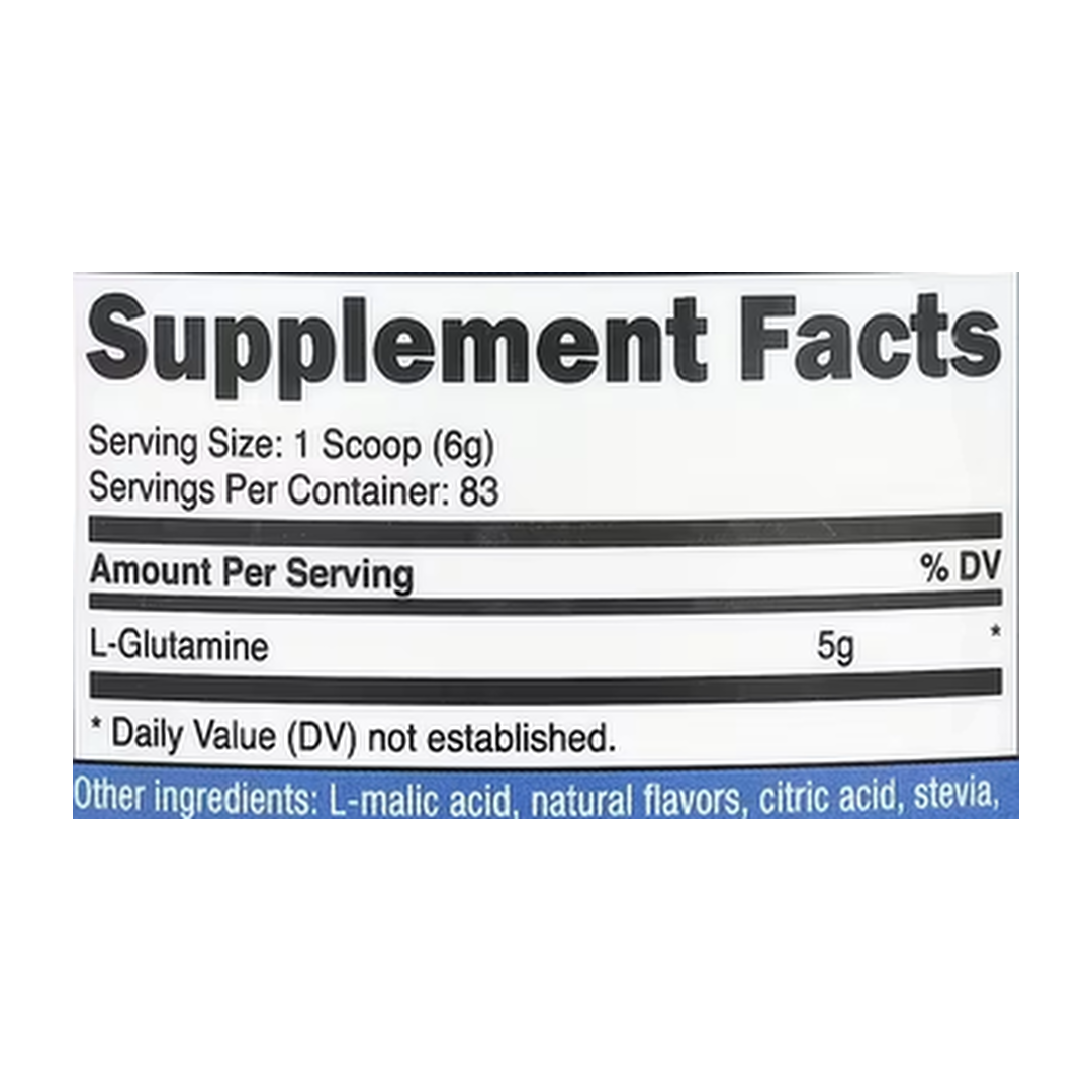 Nutricost, L-Glutamine, Green Apple, 17.9 oz, 500 g supplement facts label showing ingredients, vitamins, minerals, and serving information