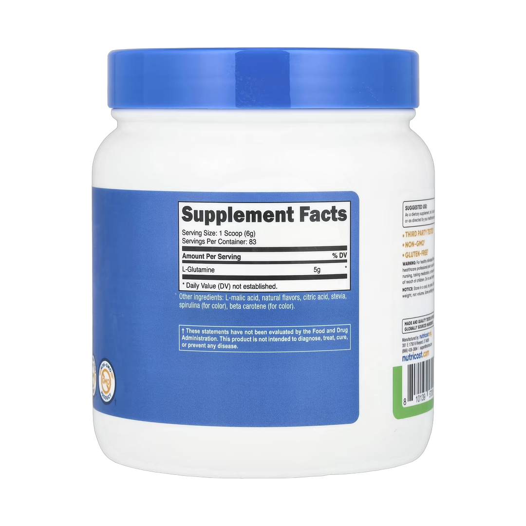 Nutricost, L-Glutamine, Green Apple, 17.9 oz, 500 g back packaging view