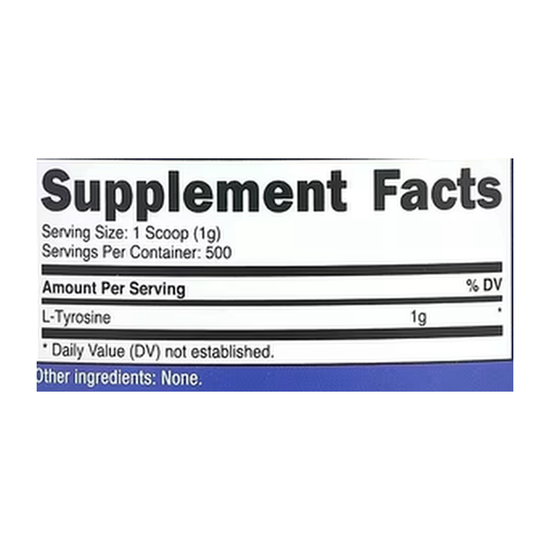 Nutricost, L-Tyrosine, Unflavored, 17.9 oz, 500 g supplement facts label showing ingredients, vitamins, minerals, and serving information