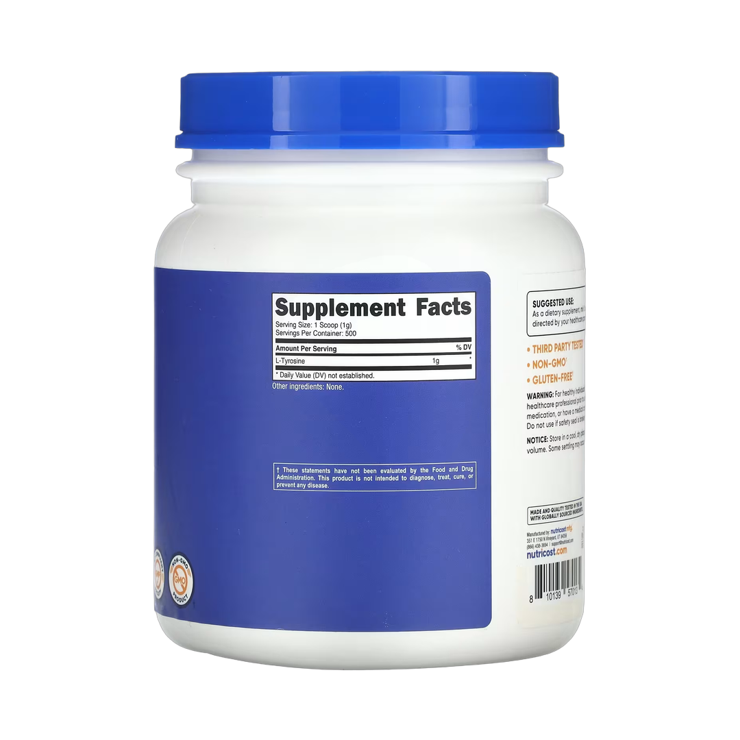 Nutricost, L-Tyrosine, Unflavored, 17.9 oz, 500 g back packaging view