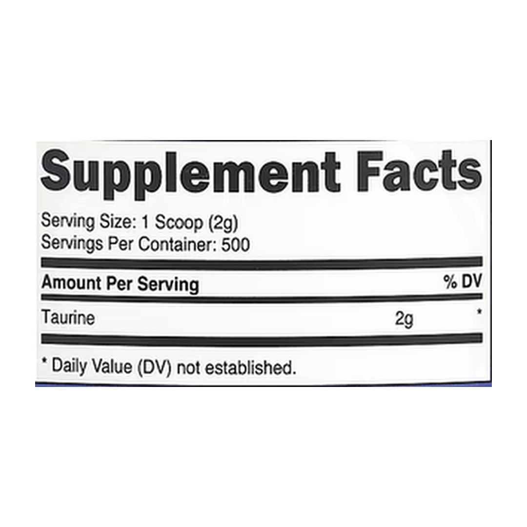 Nutricost, Taurine, Unflavored, 35.7 oz, 1 kg supplement facts label showing ingredients, vitamins, minerals, and serving information