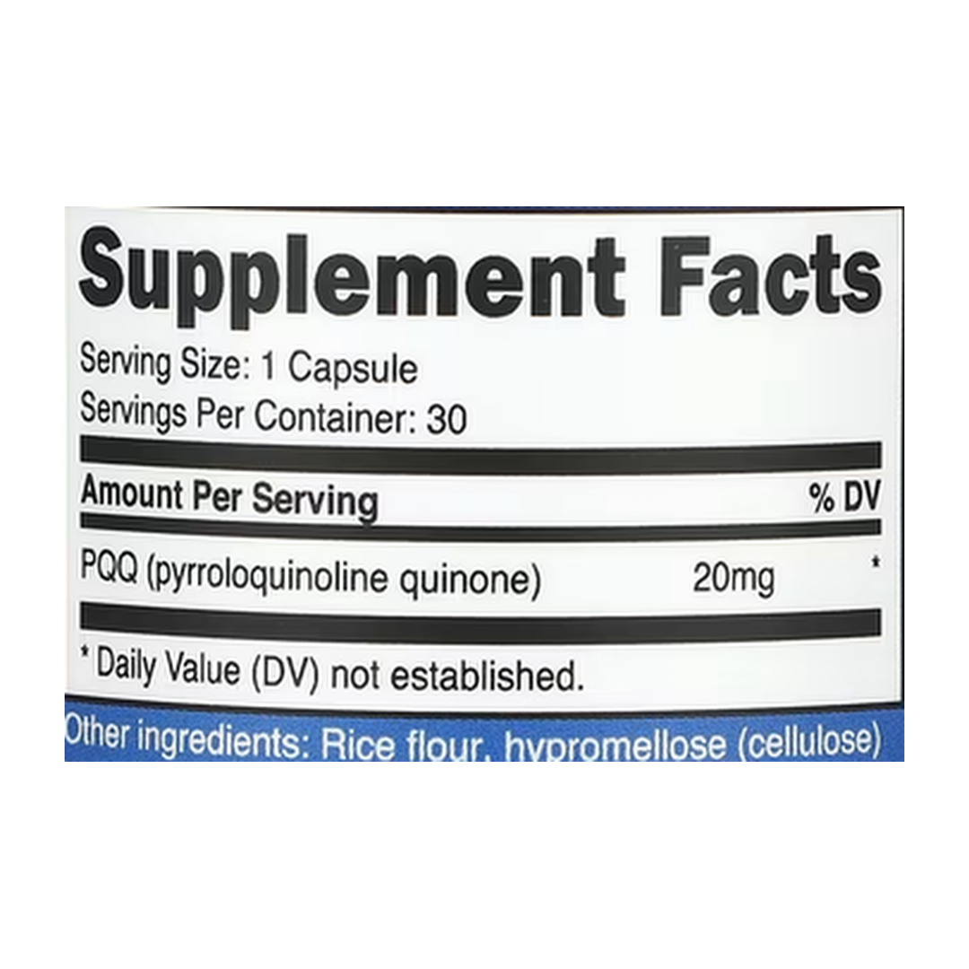 Nutricost, PQQ, 20 mg, 30 Capsules supplement facts label showing ingredients, vitamins, minerals, and serving information