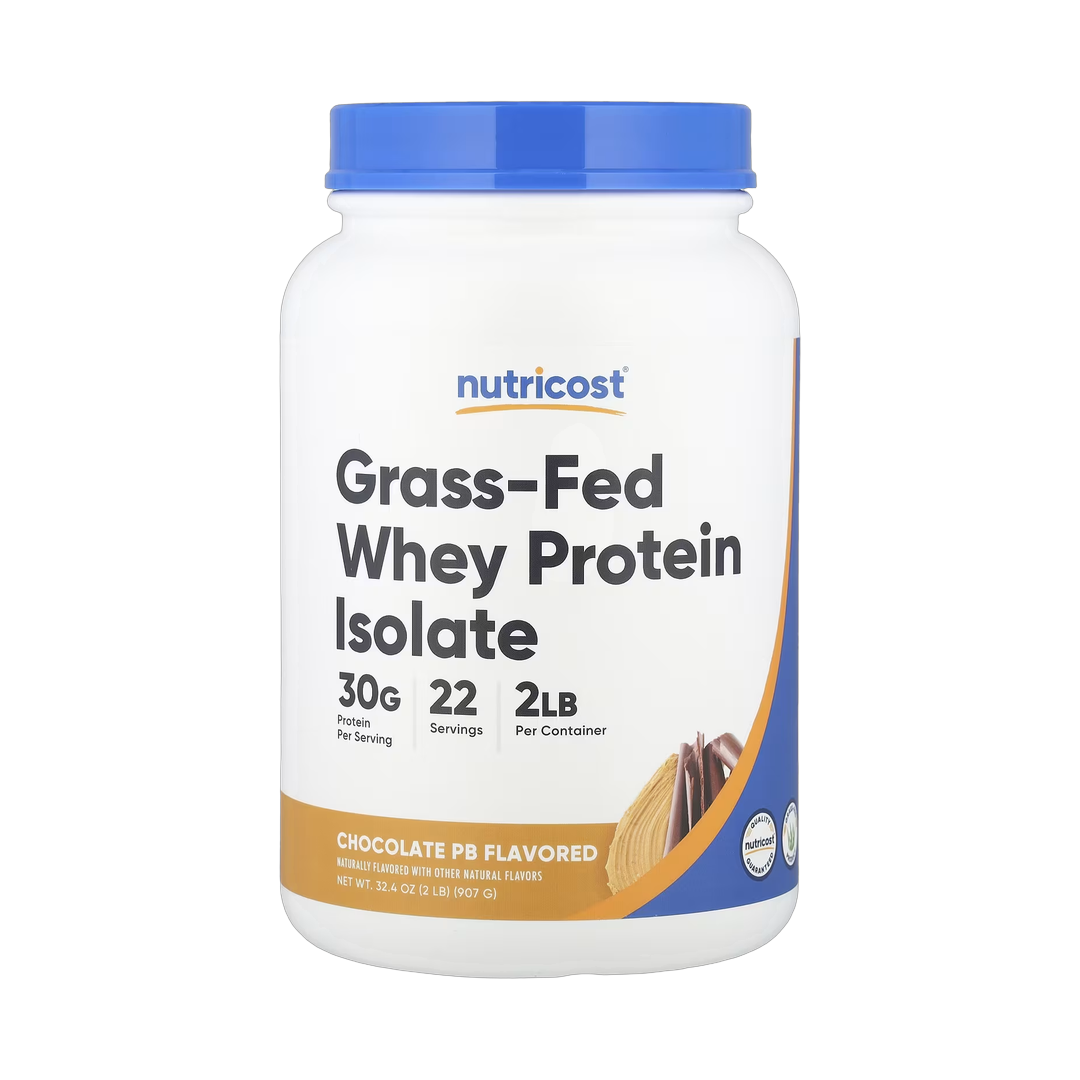 Nutricost, Grass-Fed Whey Protein Isolate, Chocolate PB , 2 lb, 907 g front packaging view