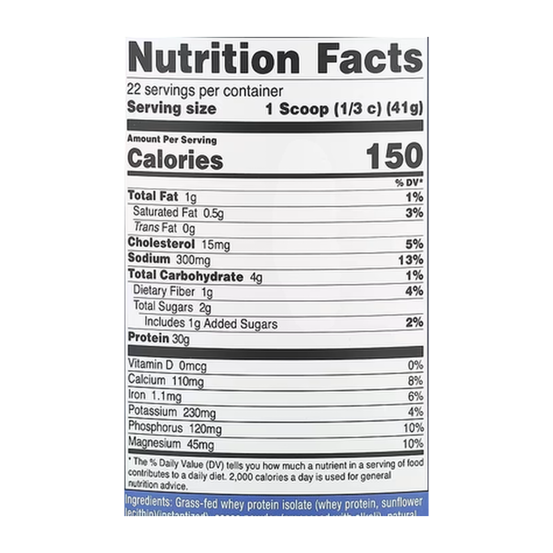 Nutricost, Grass-Fed Whey Protein Isolate, Chocolate PB , 2 lb, 907 g supplement facts label showing ingredients, vitamins, minerals, and serving information