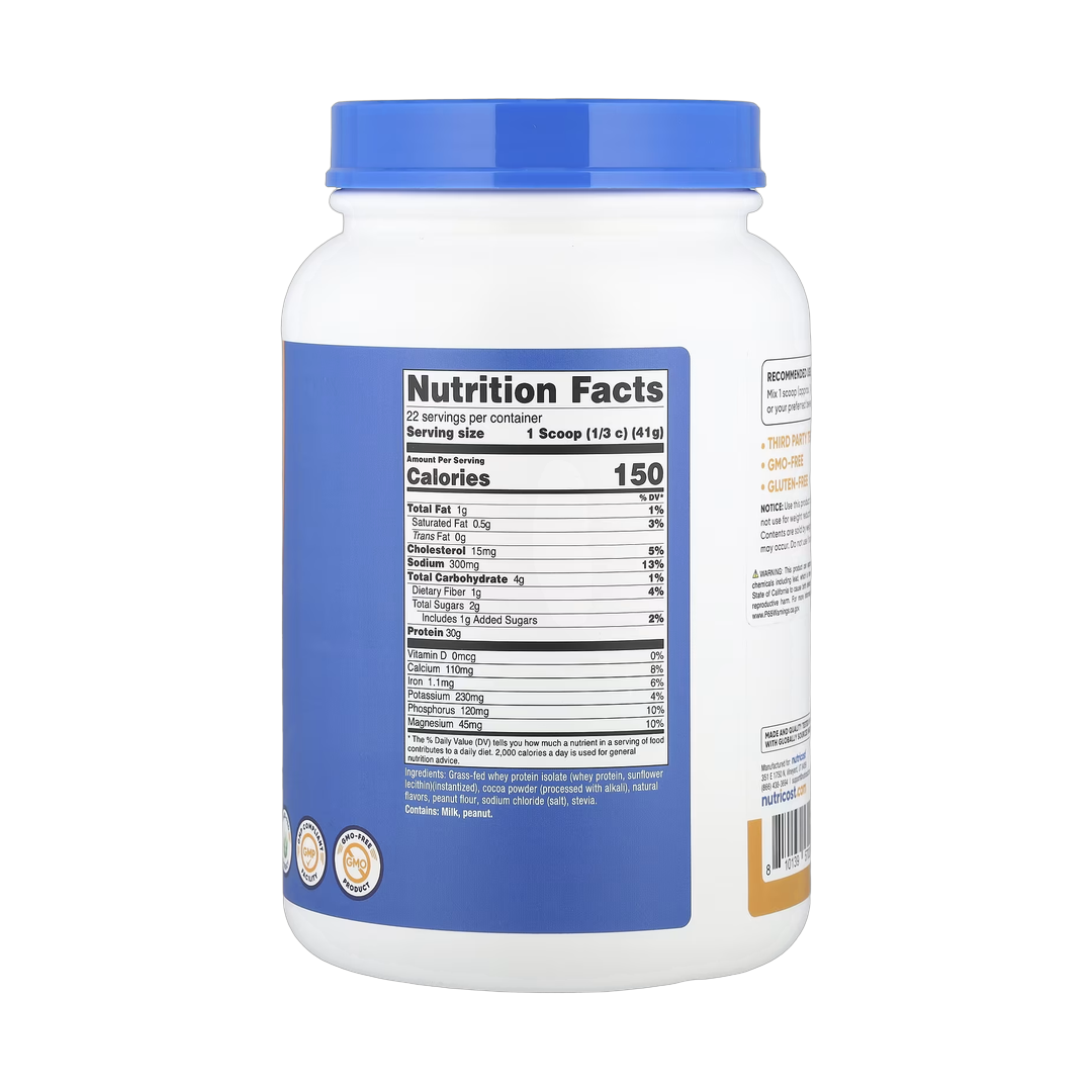 Nutricost, Grass-Fed Whey Protein Isolate, Chocolate PB , 2 lb, 907 g back packaging view