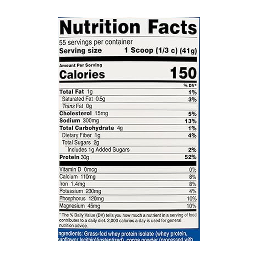Nutricost, Grass-Fed Whey Protein Isolate, Chocolate Peanut Butter, 5 lb, 2,268 g supplement facts label showing ingredients, vitamins, minerals, and serving information