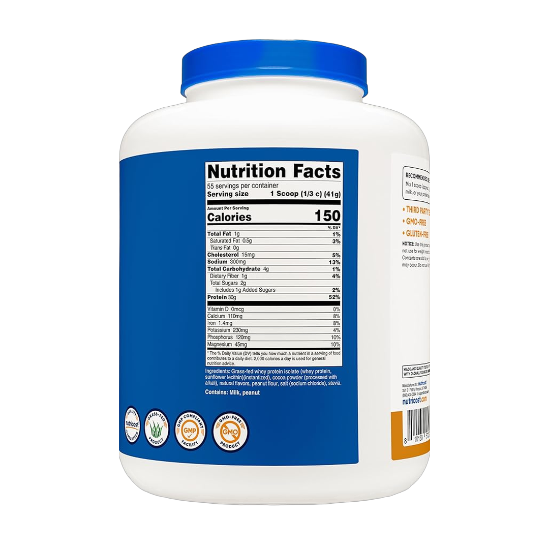 Nutricost, Grass-Fed Whey Protein Isolate, Chocolate Peanut Butter, 5 lb, 2,268 g back packaging view