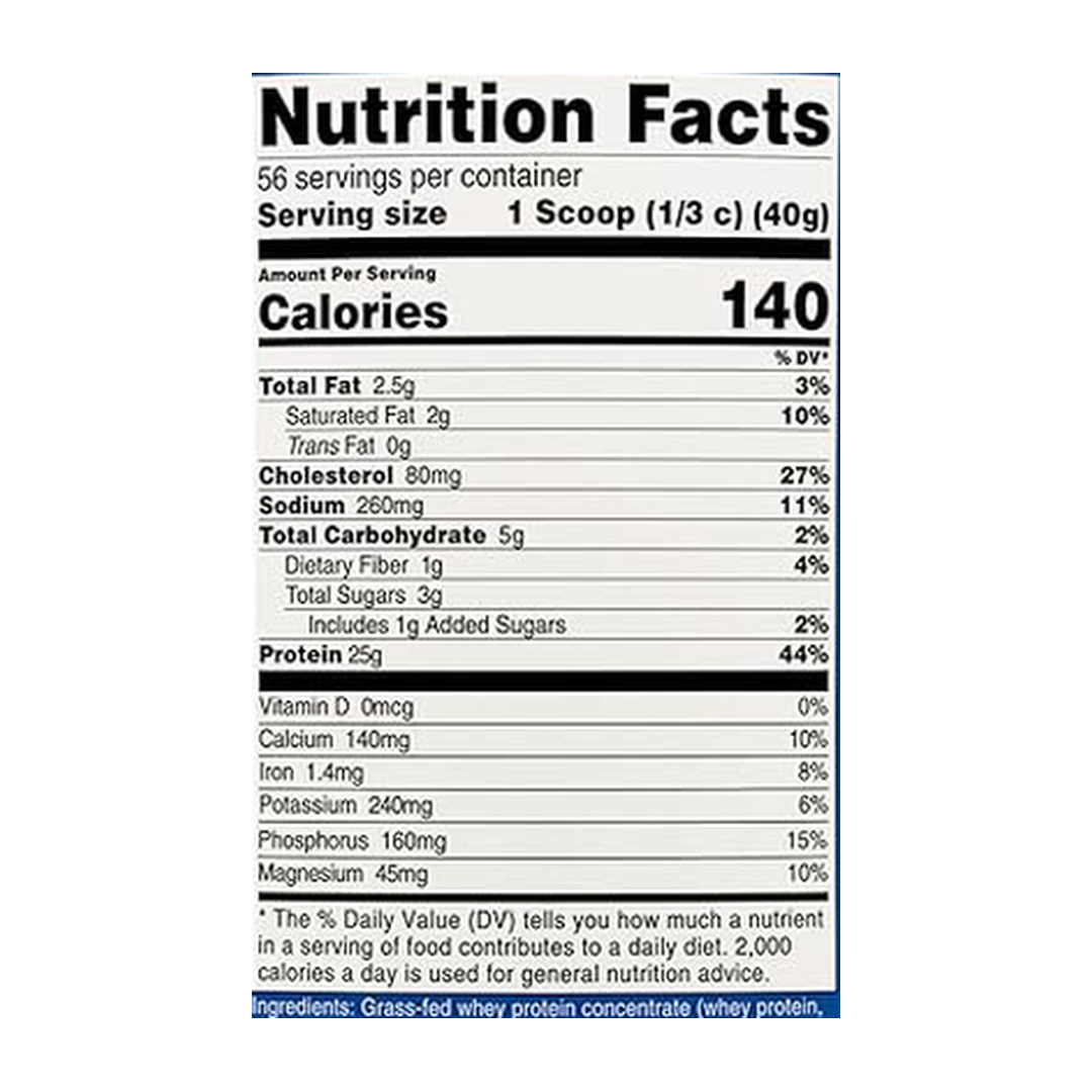 Nutricost, Grass-Fed Whey Protein, Chocolate Peanut Butter, 5 lb, 2,268 g supplement facts label showing ingredients, vitamins, minerals, and serving information