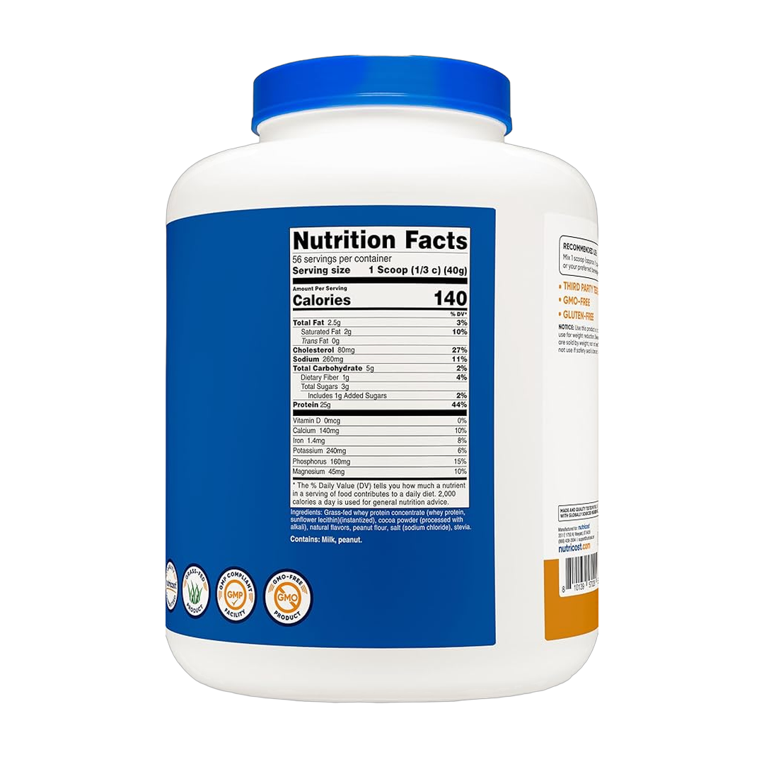 Nutricost, Grass-Fed Whey Protein, Chocolate Peanut Butter, 5 lb, 2,268 g back packaging view