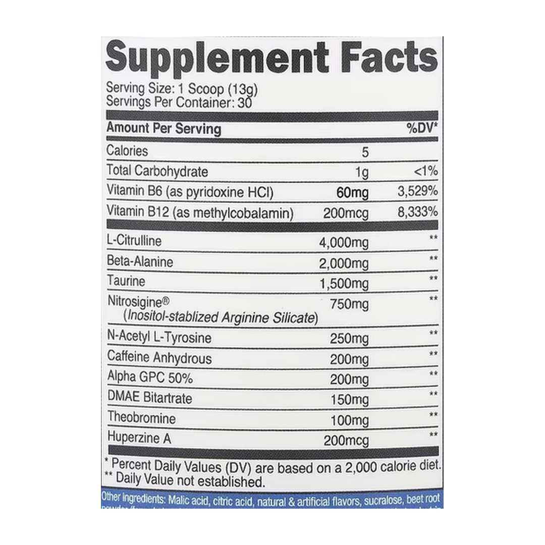 Nutricost, Performance, Pre-Workout Complex, Fruit Punch, 14 oz, 393 g supplement facts label showing ingredients, vitamins, minerals, and serving information