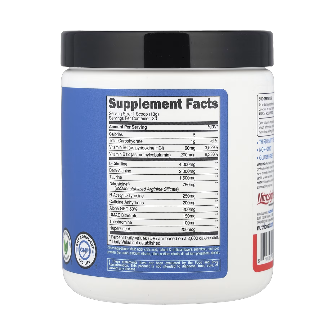 Nutricost, Performance, Pre-Workout Complex, Fruit Punch, 14 oz, 393 g back packaging view