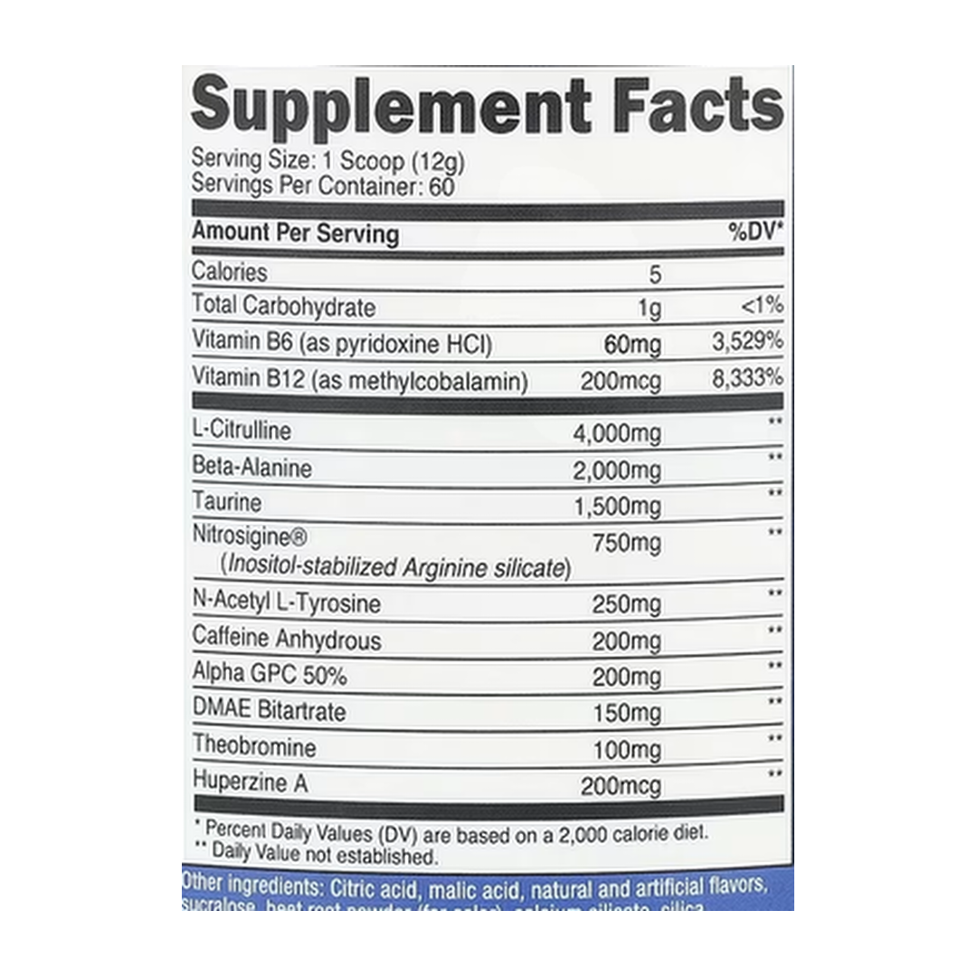 Nutricost, Performance, Pre-Workout Complex, Fruit Punch, 1.6 lb, 714 g supplement facts label showing ingredients, vitamins, minerals, and serving information
