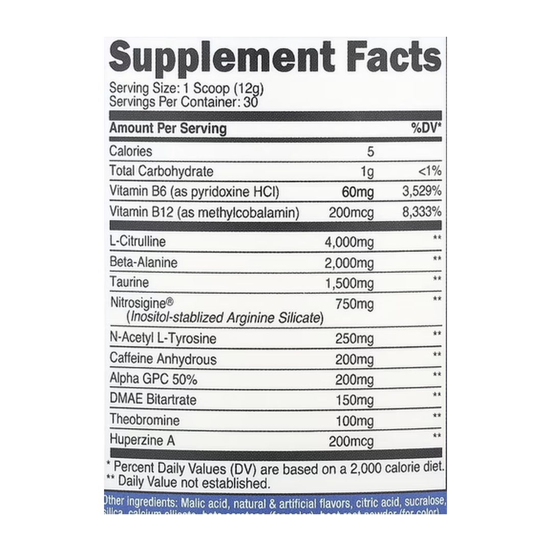 Nutricost, Performance, Pre-Workout Complex, Peach Mango, 12.6 oz (354 g) supplement facts label showing ingredients, vitamins, minerals, and serving information